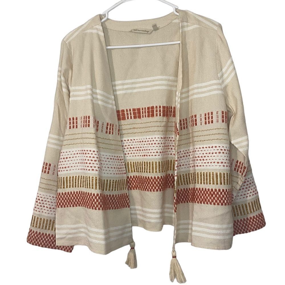 Soft Surroundings large Cardigan Sweater Beige Tassel Striped Womens